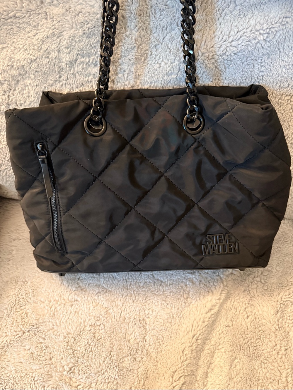 Steve Madden Quilted Black Chain Tote with Front Zip
